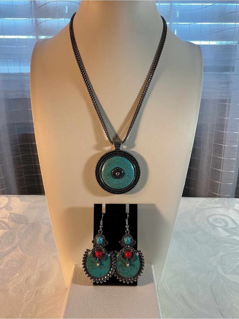 Faux Turquoise & Faux Turquoise Earrings Antique Silver Tone Jewelry Set
